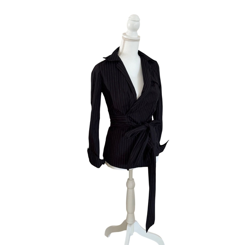 SEDUCTIONS Black Pinstripe Wrap Top Vintage Y2K Long Sleeve Blouse Small Office